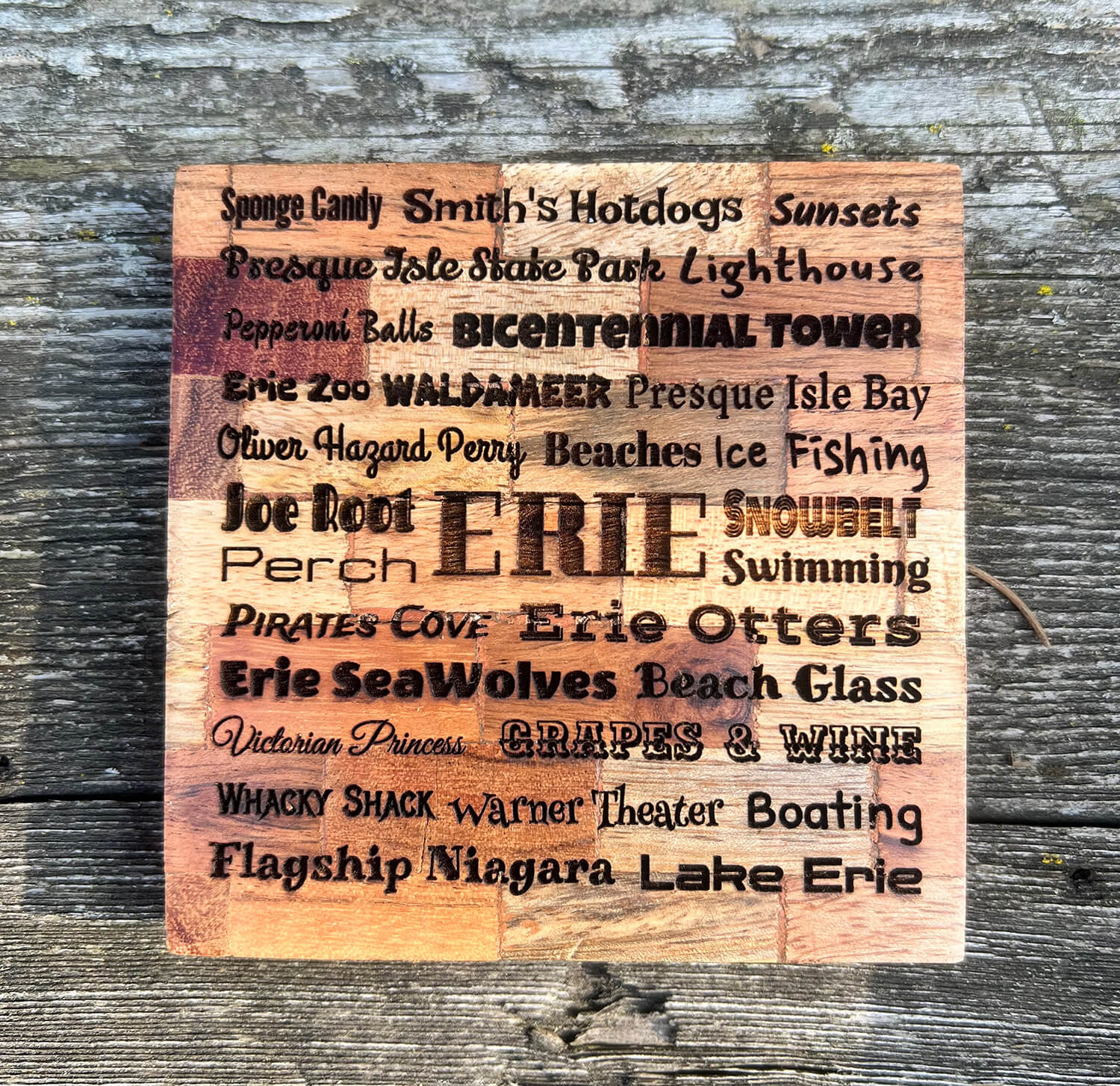 Erie themed wooden coaster
