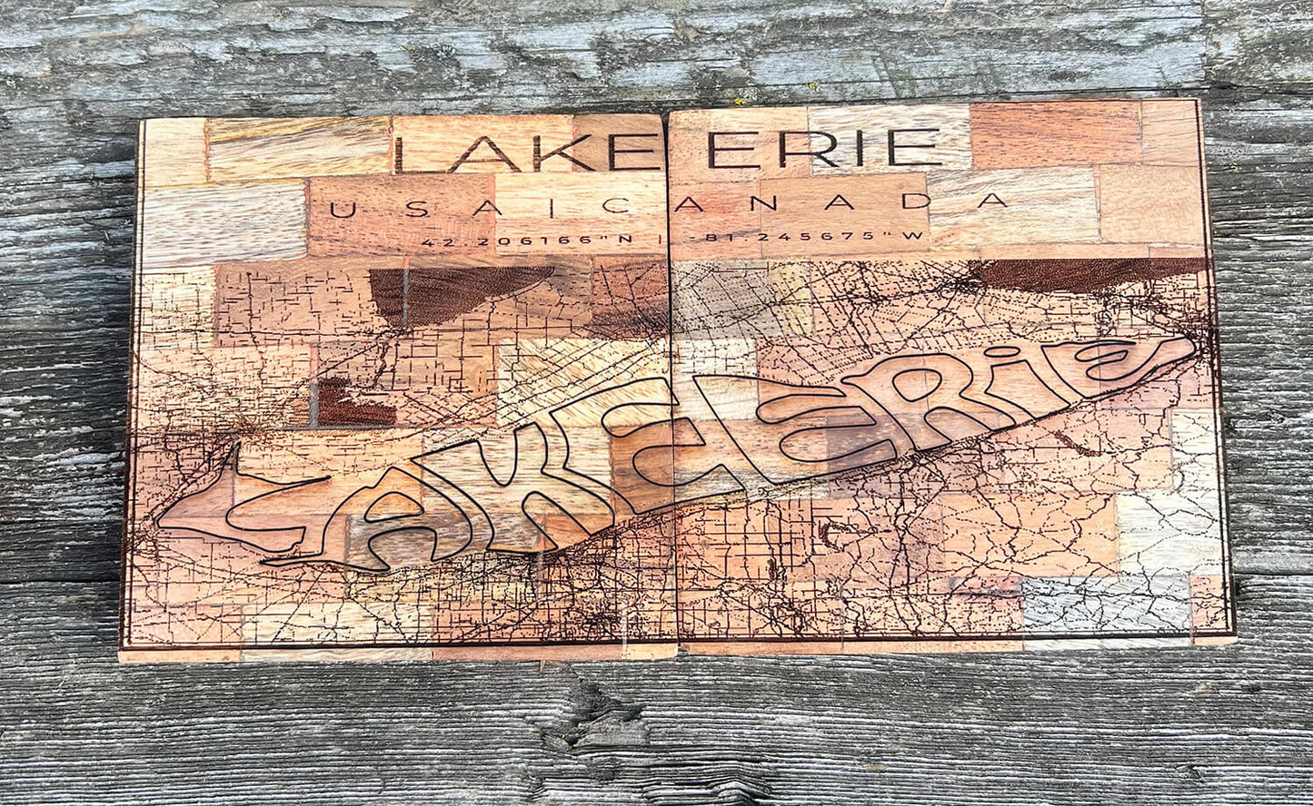 Two connecting Lake Erie map wooden coasters 