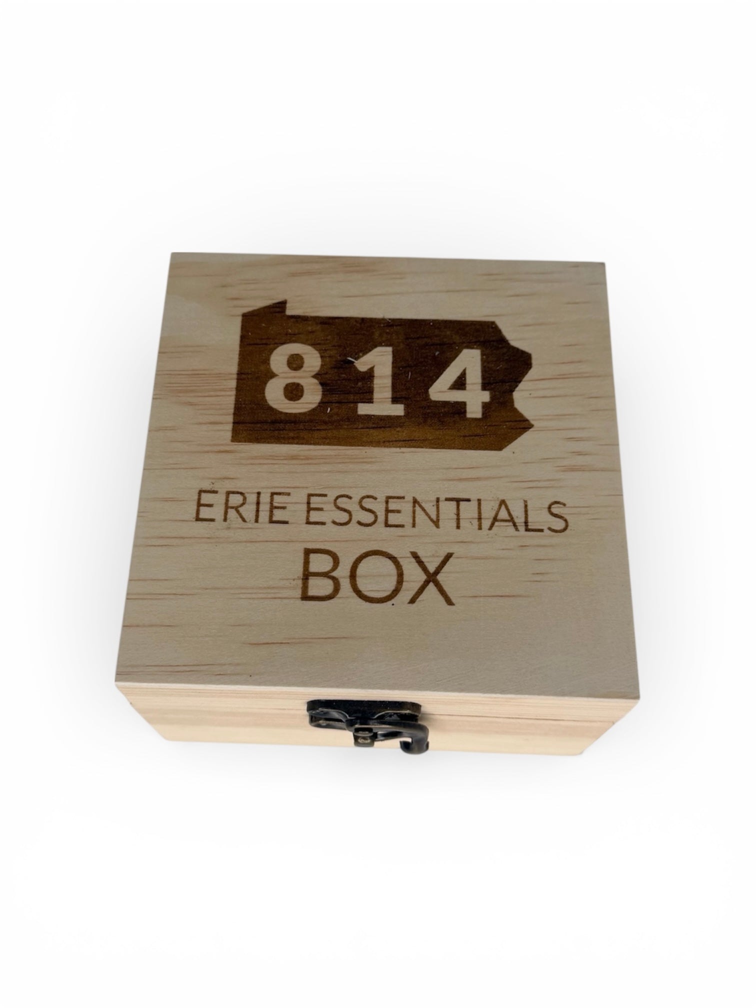 Lightweight natural wood keepsake box featuring a laser-engraved Pennsylvania state outline with 814 area code and "Erie Essentials Box" text, including a metal clasp.