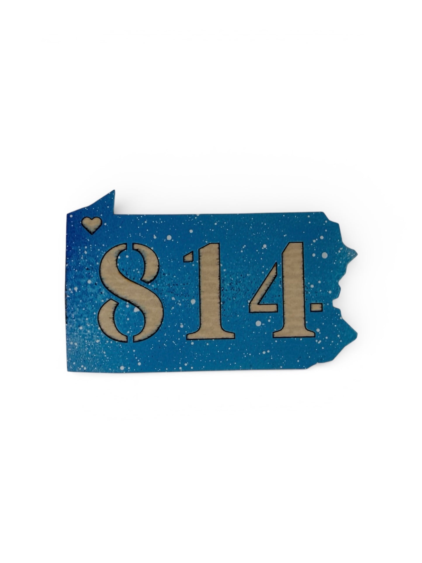 A blue-painted wooden cutout of Pennsylvania featuring a white speckled "snow" effect, a laser-cut 814 area code, and a small heart indicating the location of Erie, PA.