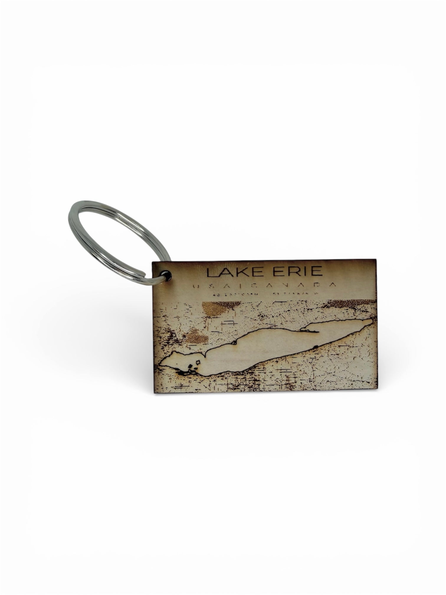 Rectangular laser-engraved wood keychain featuring a detailed topographic map of Lake Erie and the USA-Canada border on a silver metal keyring.