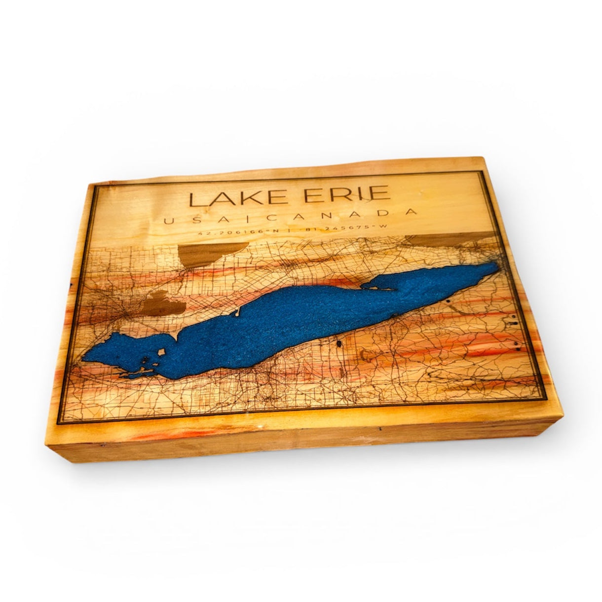 Lake Erie topographic wood map with deep blue mica resin inlay and engraved shoreline details.