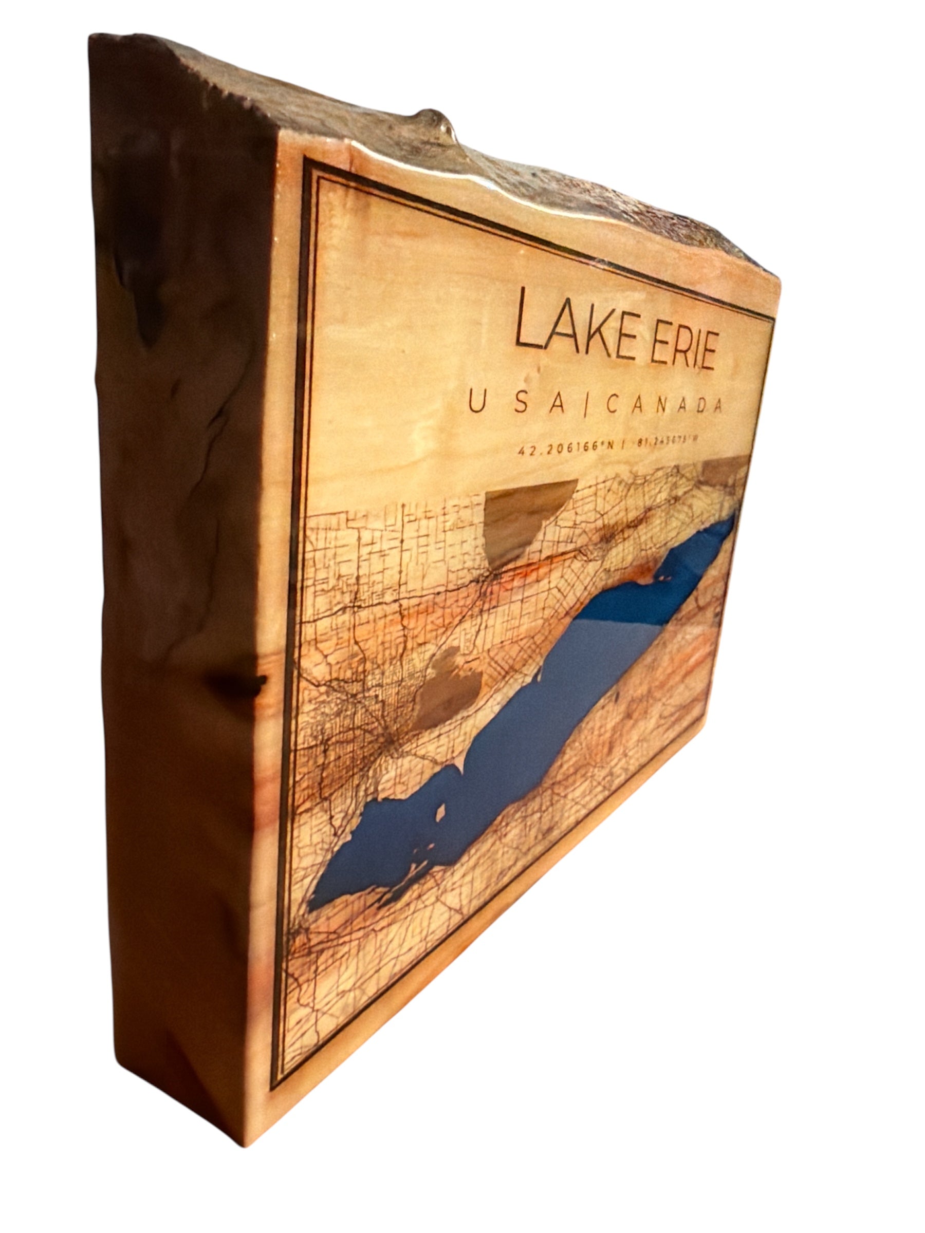3D Lake Erie wood engraving showing the 2-inch thick live edge and shimmering epoxy water effect