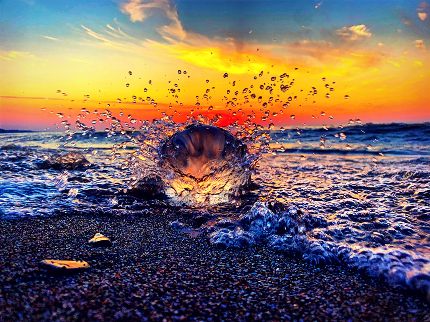 Water crashes into a crystal ball creating droplets that capture the light of sunset on the beach.